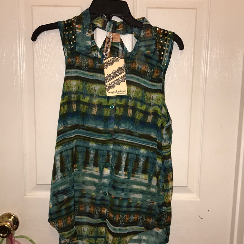Eyeshadow teal brown multi-color button down shirt